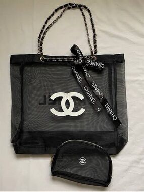 Black Mesh Tote with silver toe, metal Logo Bow and Matching Pouch